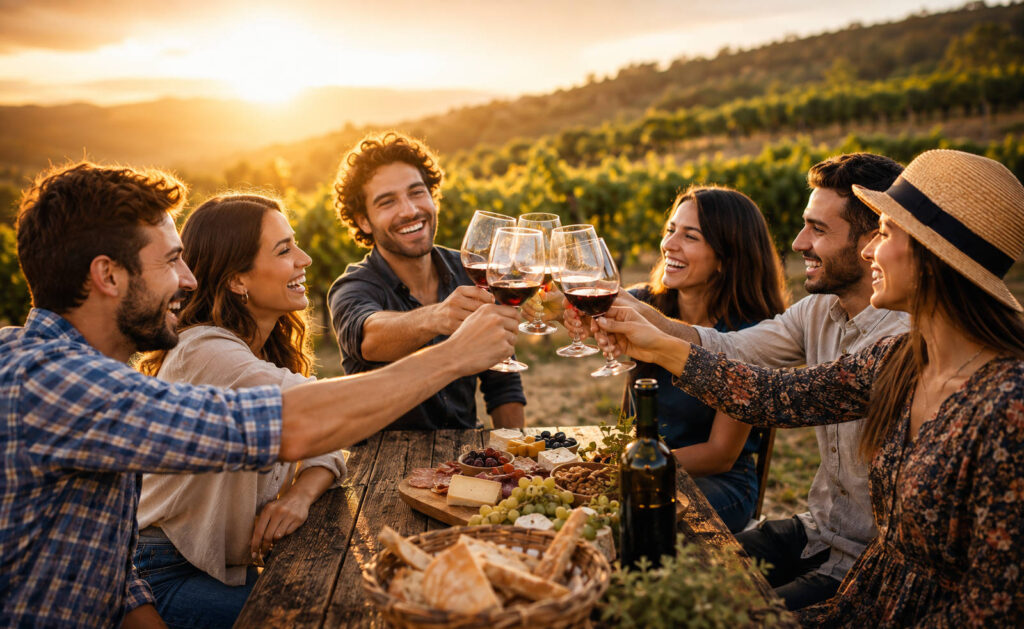 Amigos solteros compartiendo y brindando en un encuentro social al aire libre